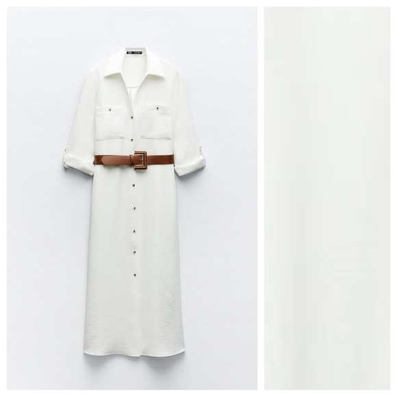 NWT. Zara Oyster-White Midi Dress with Belt. Size L. - Picture 4 of 11